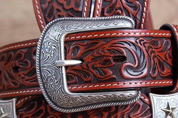 Cognac Brown Floral Embossed Full-Grain Leather Western Belt & Silver Buckle